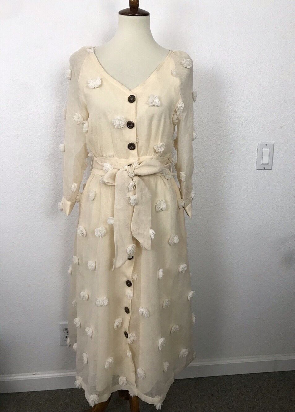 Listicle Melena Semi Sheer Pom Pom Belted Midi Shirt Dress